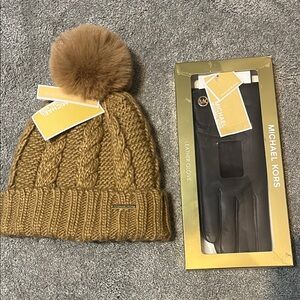 Michael Kors Camel Knit Beanie and Brown Leather Gloves